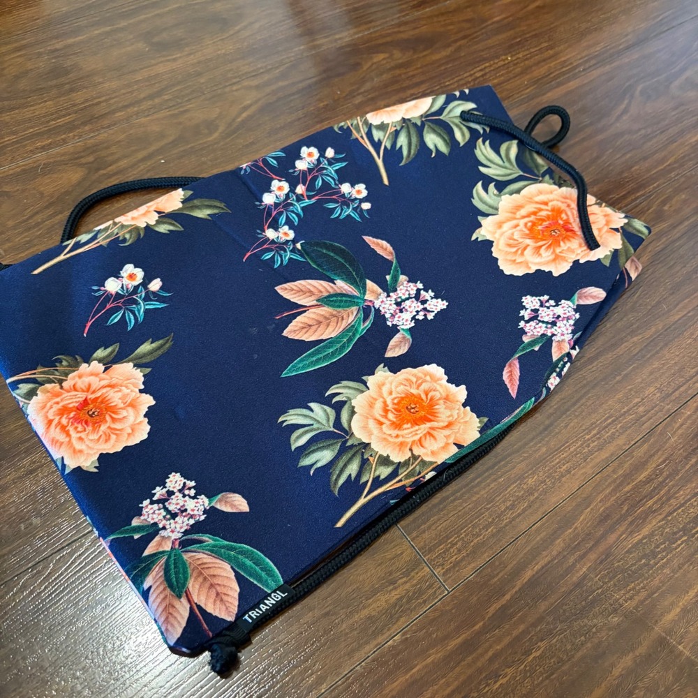Triangl Floral Drawstring Backpack Navy Blue Neon Orange Interior Cinch Bag